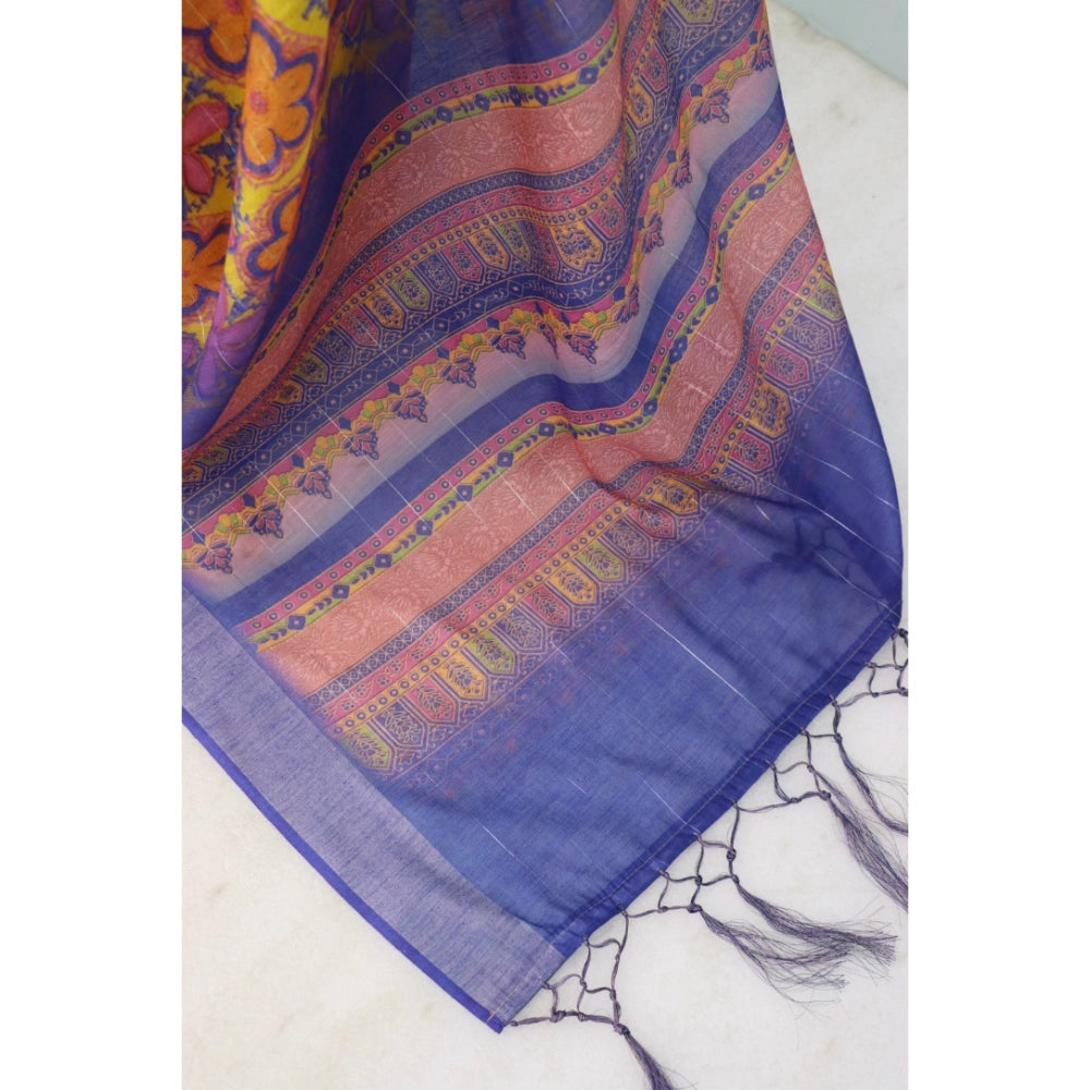 Amfyn Women's Linen Digital Print Saree With Unstitched Blouse 5.5Mtr (Multicolor)