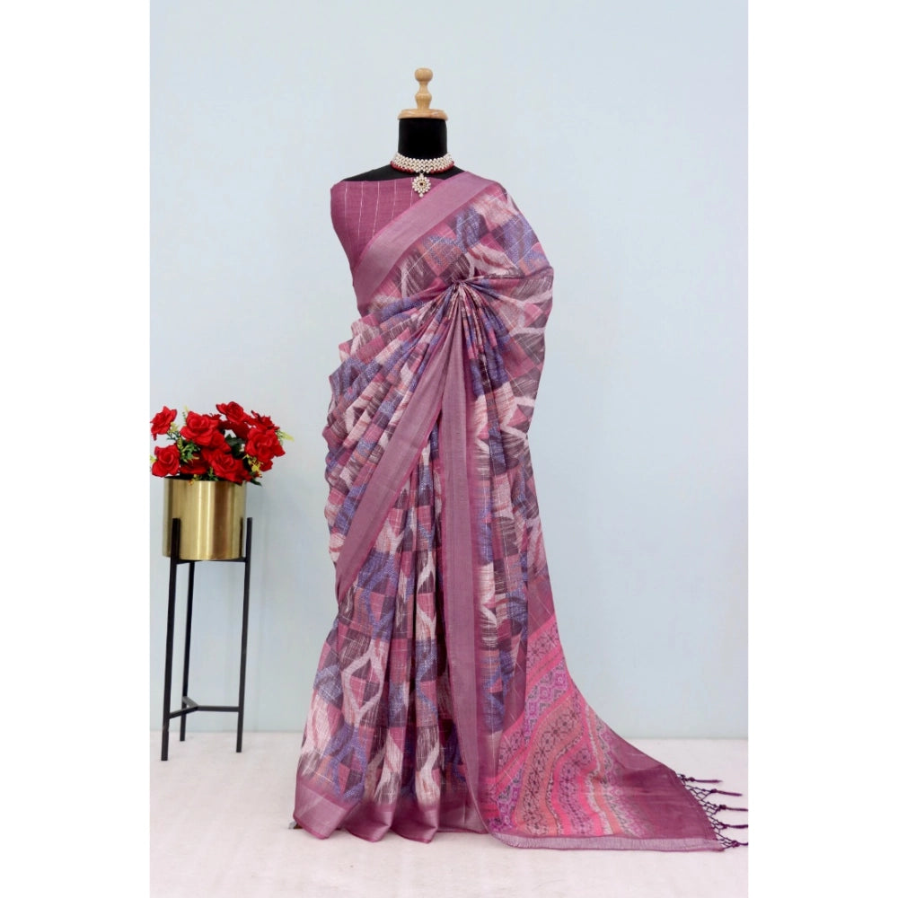 Amfyn Women's Linen Digital Print Saree With Unstitched Blouse 5.5Mtr (Pink)