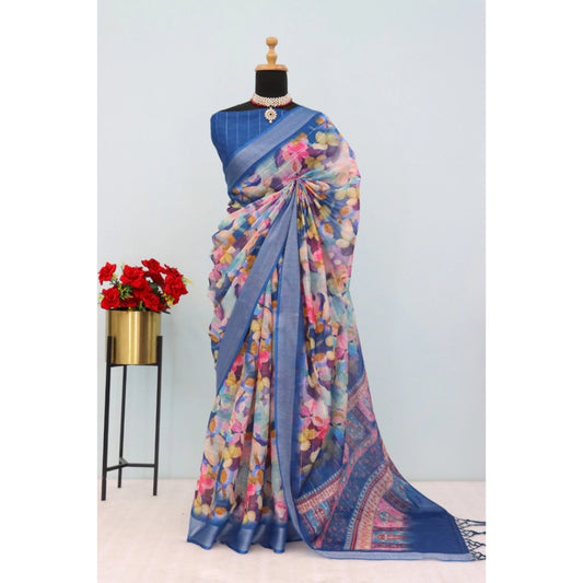 Amfyn Women's Linen Digital Print Saree With Unstitched Blouse 5.5Mtr (Blue)