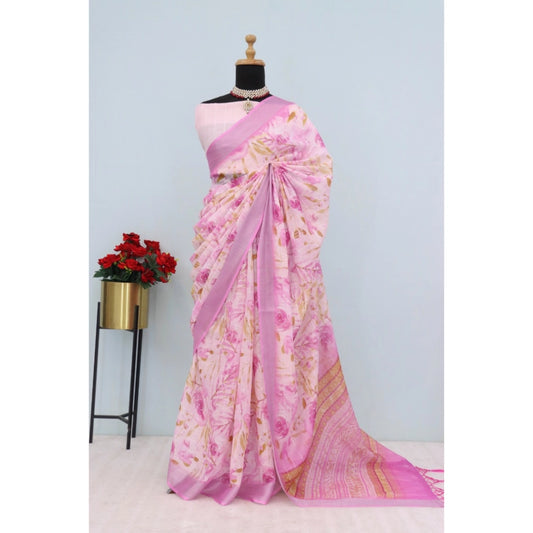 Amfyn Women's Linen Digital Print Saree With Unstitched Blouse 5.5Mtr (Pink)