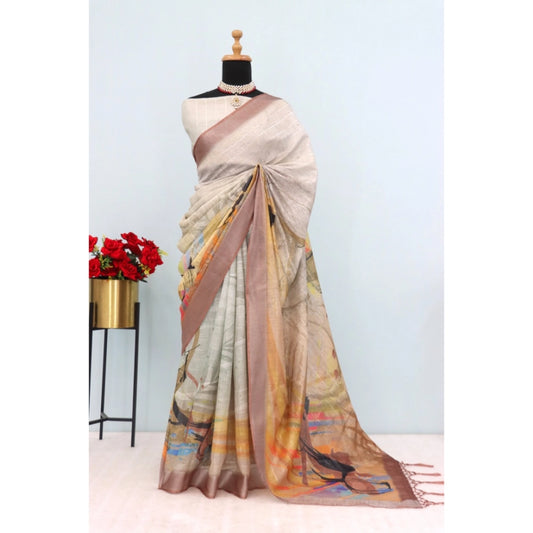 Amfyn Women's Linen Digital Print Saree With Unstitched Blouse 5.5Mtr (Multicolor)