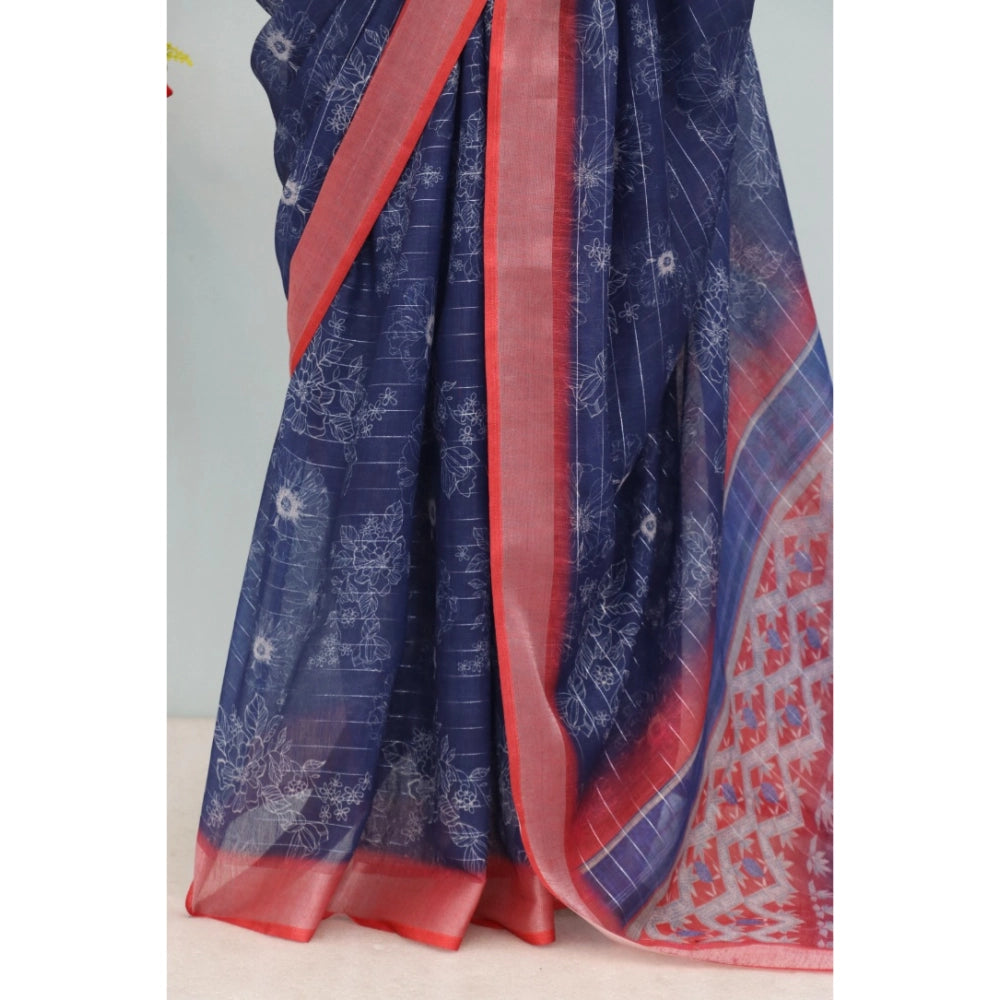 Amfyn Women's Linen Digital Print Saree With Unstitched Blouse 5.5Mtr (Blue)