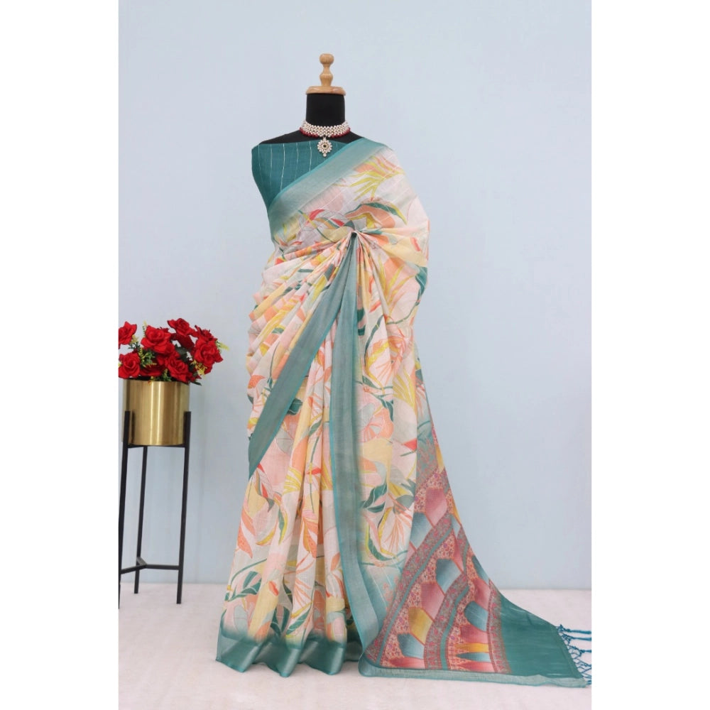 Amfyn Women's Linen Digital Print Saree With Unstitched Blouse 5.5Mtr (Green)
