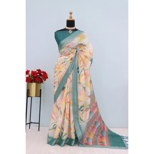 Amfyn Women's Linen Digital Print Saree With Unstitched Blouse 5.5Mtr (Green)