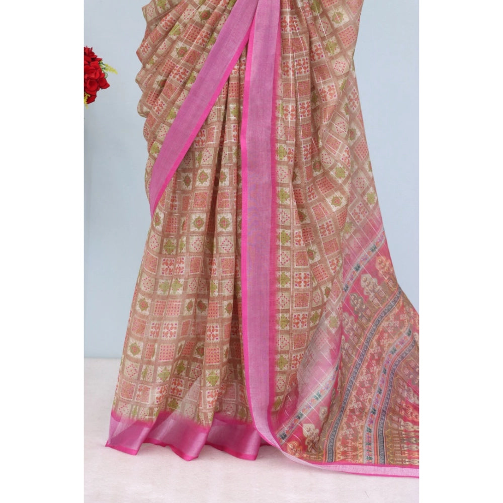 Amfyn Women's Linen Digital Print Saree With Unstitched Blouse 5.5Mtr (Pink)