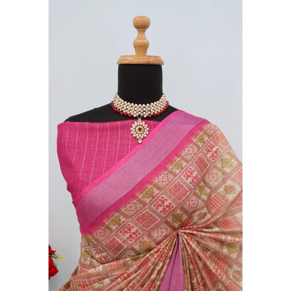 Amfyn Women's Linen Digital Print Saree With Unstitched Blouse 5.5Mtr (Pink)