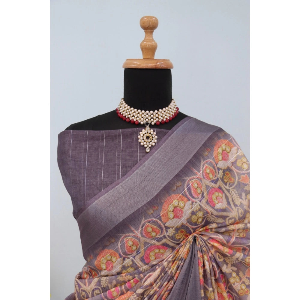 Amfyn Women's Linen Digital Print Saree With Unstitched Blouse 5.5Mtr (Grey)