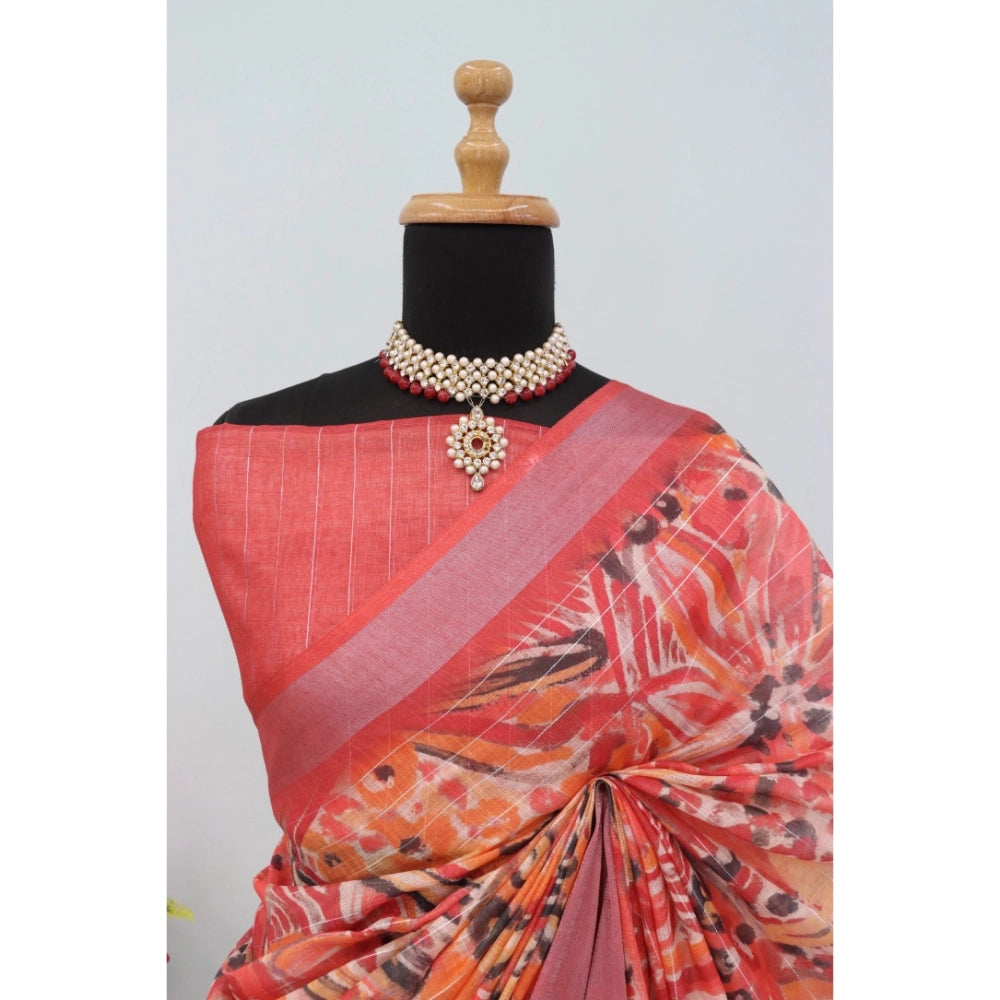 Amfyn Women's Linen Digital Print Saree With Unstitched Blouse 5.5Mtr (Pink)