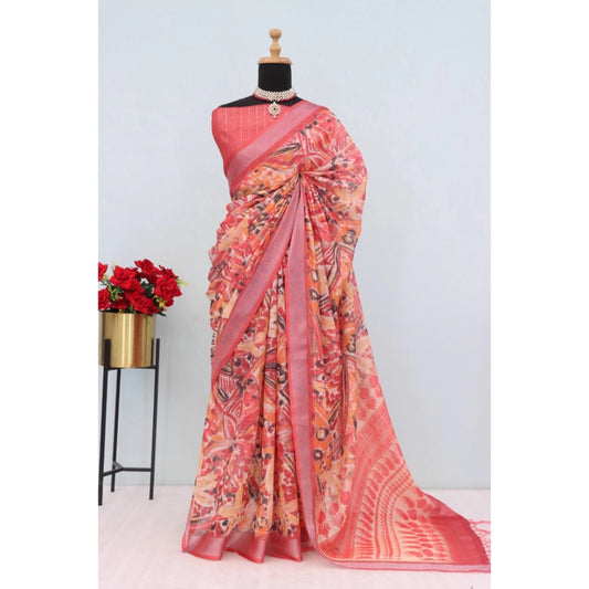 Amfyn Women's Linen Digital Print Saree With Unstitched Blouse 5.5Mtr (Pink)