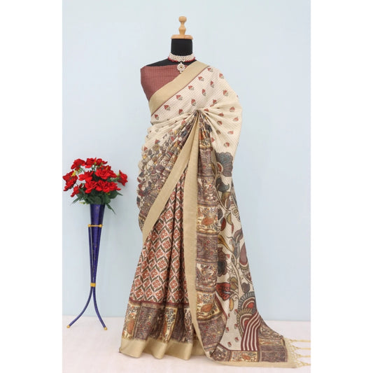 Amfyn Women's Mysore Silk  Digital Print Saree With Unstitched Blouse 5.5Mtr (Beige)