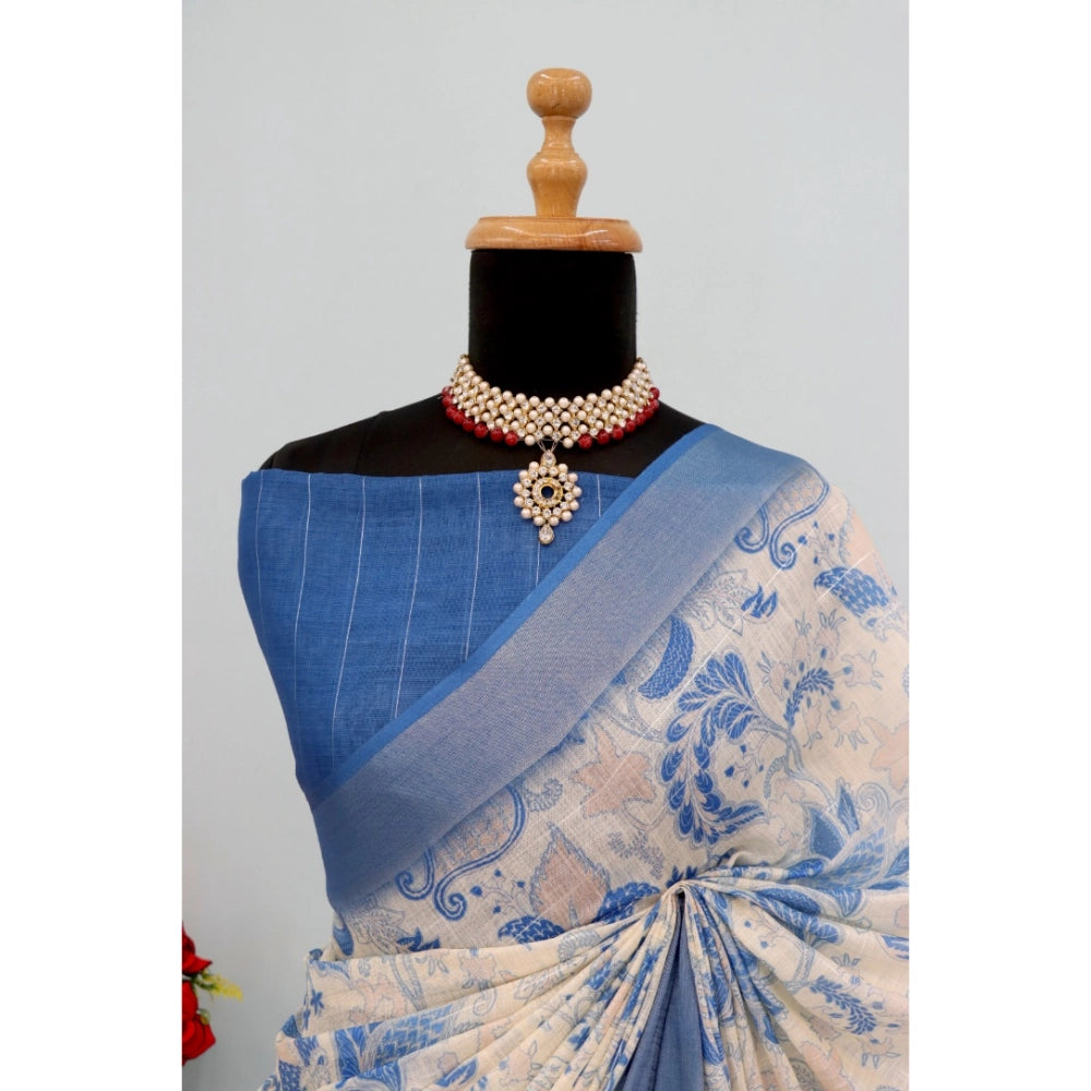 Amfyn Women's Linen Digital Print Saree With Unstitched Blouse 5.5Mtr (Blue)
