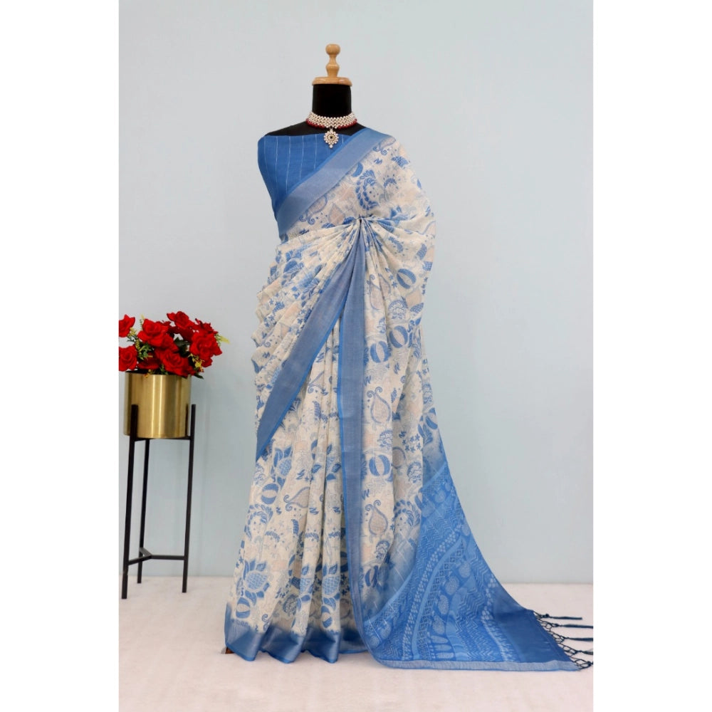 Amfyn Women's Linen Digital Print Saree With Unstitched Blouse 5.5Mtr (Blue)