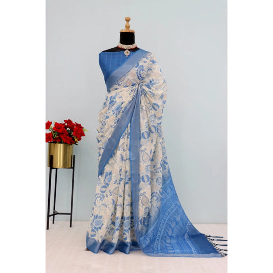 Amfyn Women's Linen Digital Print Saree With Unstitched Blouse 5.5Mtr (Blue)