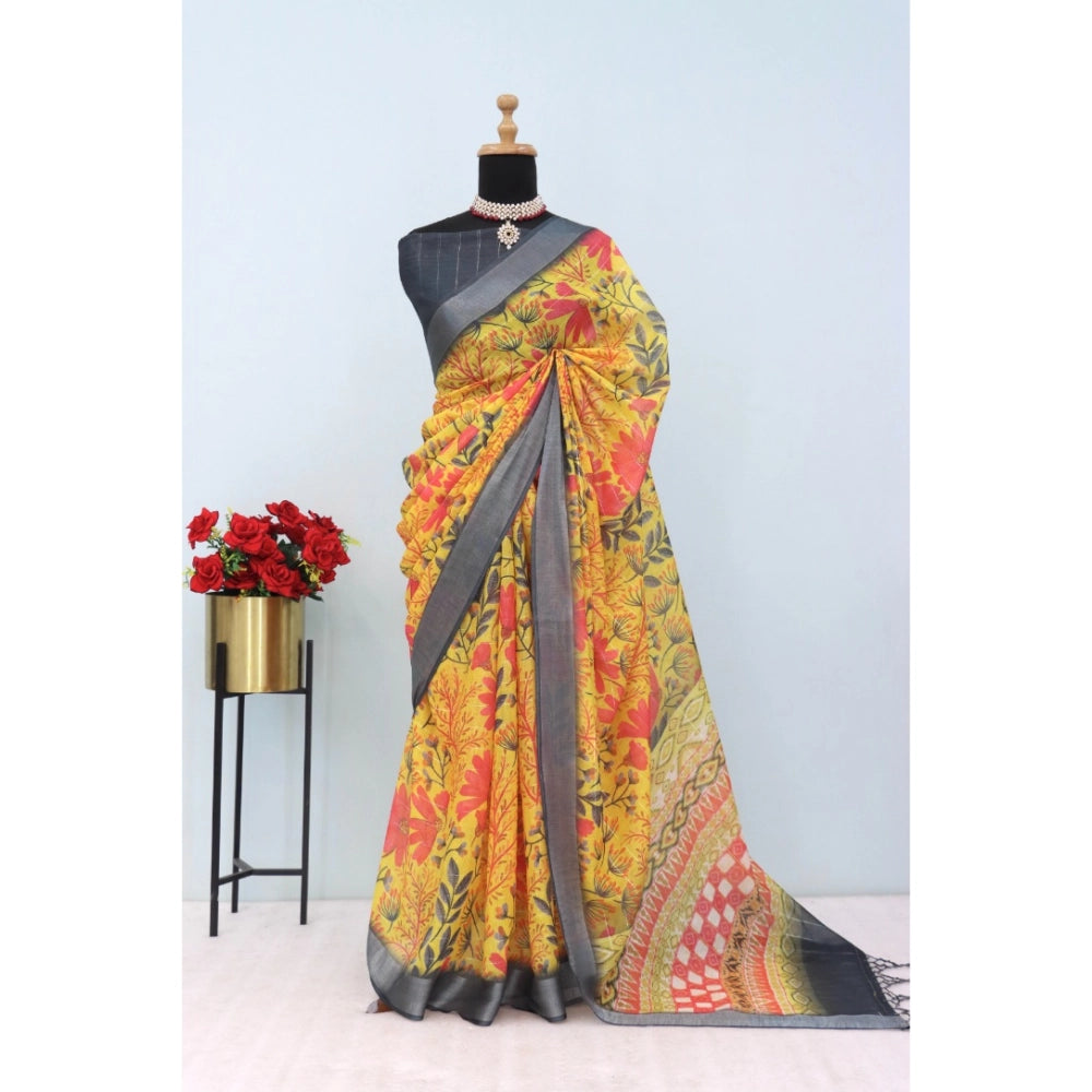 Amfyn Women's Linen Digital Print Saree With Unstitched Blouse 5.5Mtr (Multicolor)