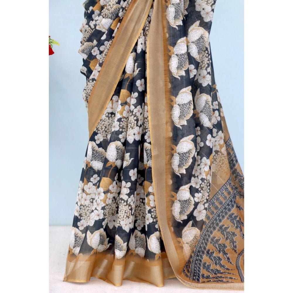 Amfyn Women's Linen Digital Print Saree With Unstitched Blouse 5.5Mtr (Black)