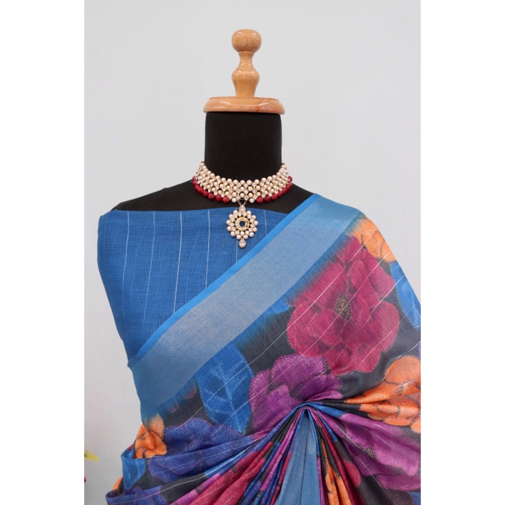 Amfyn Women's Linen Digital Print Saree With Unstitched Blouse 5.5Mtr (Blue)