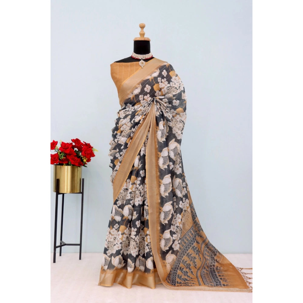 Amfyn Women's Linen Digital Print Saree With Unstitched Blouse 5.5Mtr (Black)