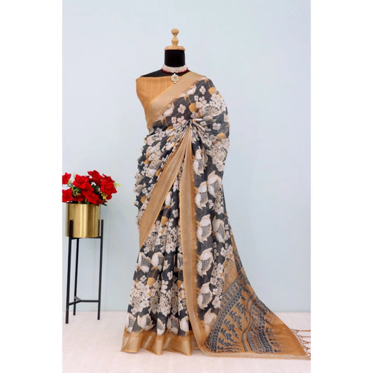 Amfyn Women's Linen Digital Print Saree With Unstitched Blouse 5.5Mtr (Black)