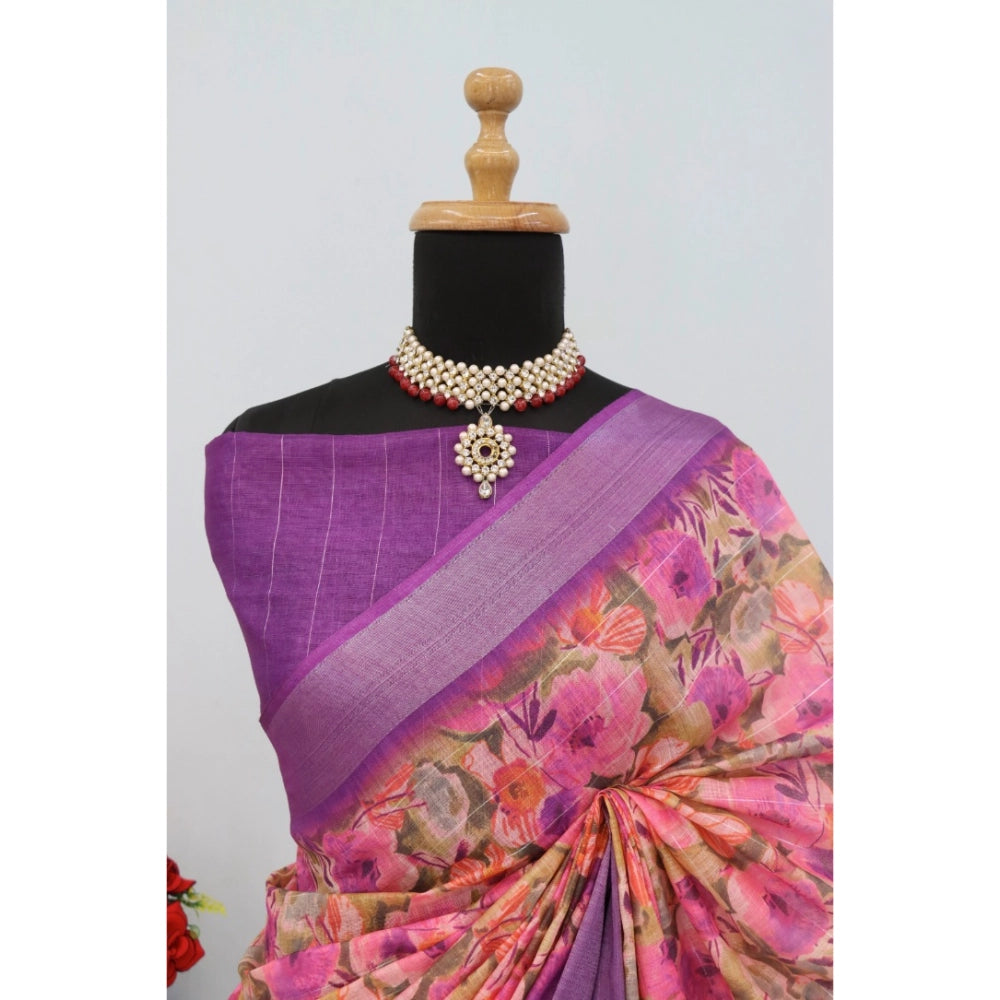 Amfyn Women's Linen Digital Print Saree With Unstitched Blouse 5.5Mtr (Purple)