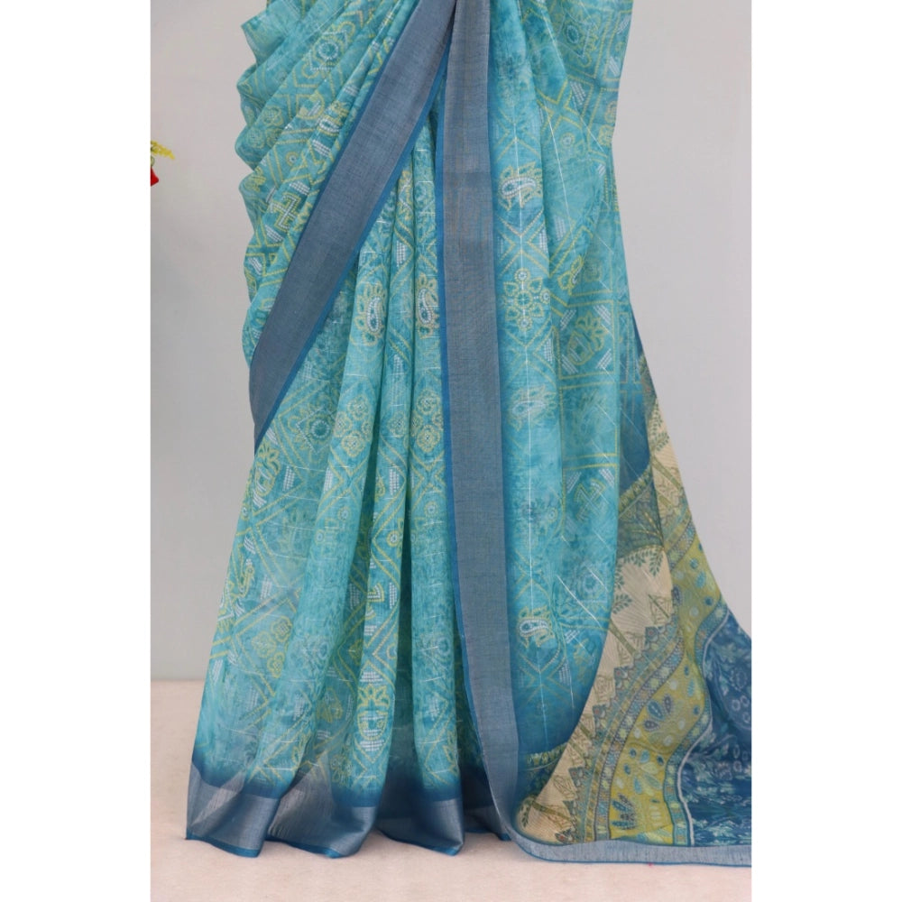 Amfyn Women's Linen Digital Print Saree With Unstitched Blouse 5.5Mtr (Sky Blue)