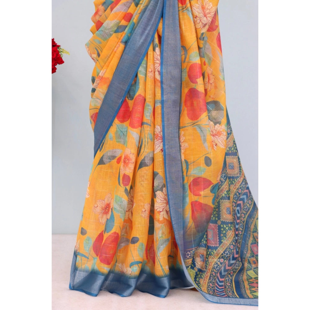 Amfyn Women's Linen Digital Print Saree With Unstitched Blouse 5.5Mtr (Yellow)
