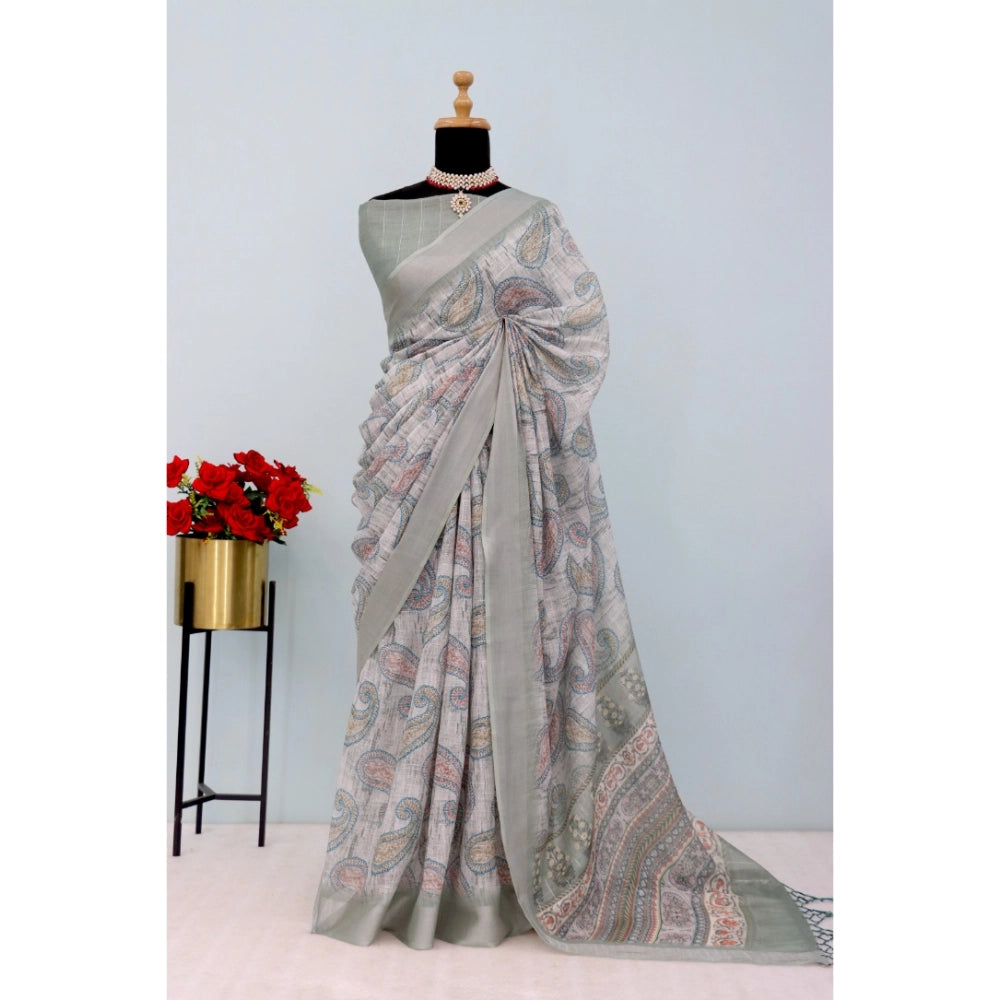 Amfyn Women's Linen Digital Print Saree With Unstitched Blouse 5.5Mtr (Grey)