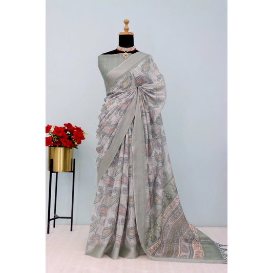 Amfyn Women's Linen Digital Print Saree With Unstitched Blouse 5.5Mtr (Grey)
