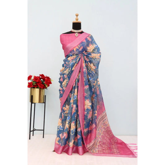 Amfyn Women's Linen Digital Print Saree With Unstitched Blouse 5.5Mtr (Blue)