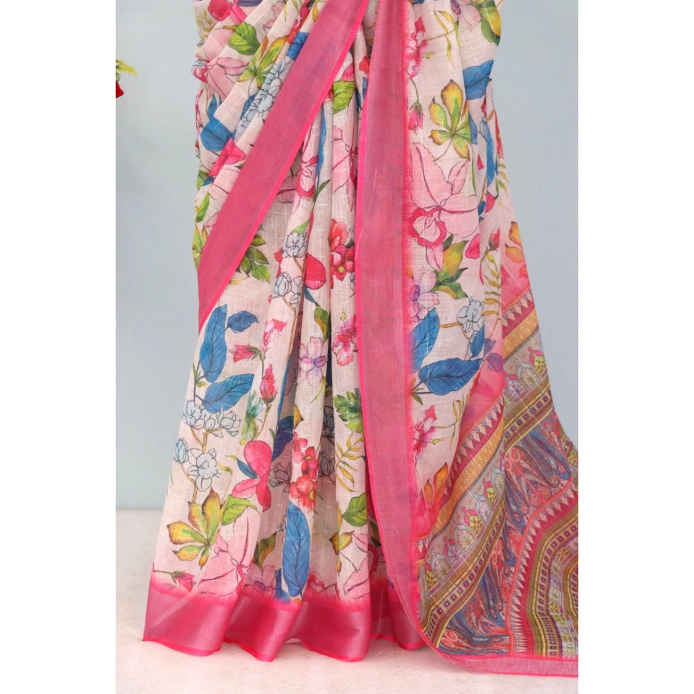 Amfyn Women's Linen Digital Print Saree With Unstitched Blouse 5.5Mtr (pink)