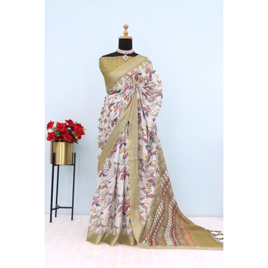 Amfyn Women's Linen Digital Print Saree With Unstitched Blouse 5.5Mtr (Beige)