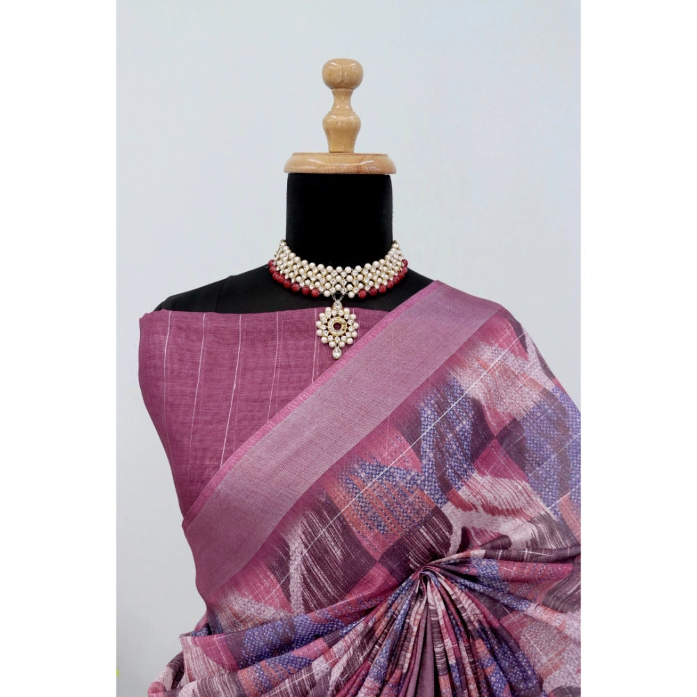 Amfyn Women's Linen Digital Print Saree With Unstitched Blouse 5.5Mtr (Pink)