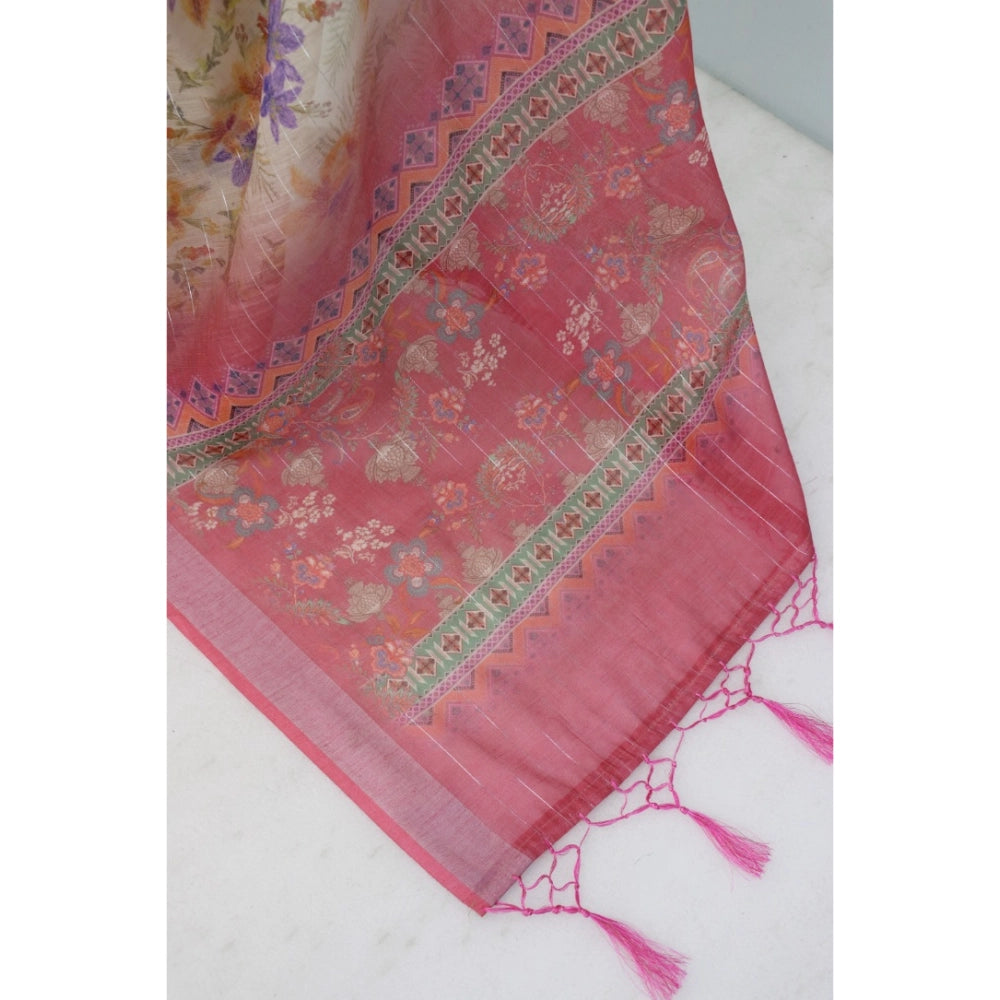 Amfyn Women's Linen Digital Print Saree With Unstitched Blouse 5.5Mtr (Pink)