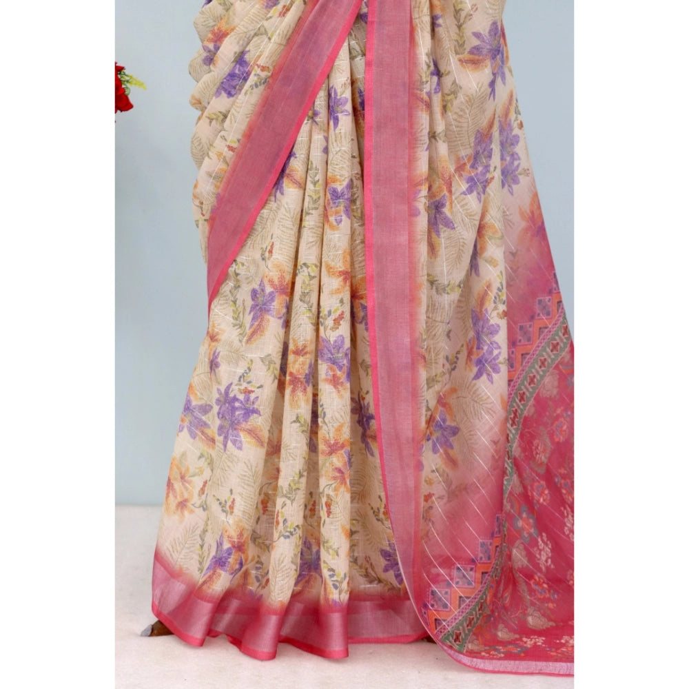 Amfyn Women's Linen Digital Print Saree With Unstitched Blouse 5.5Mtr (Pink)