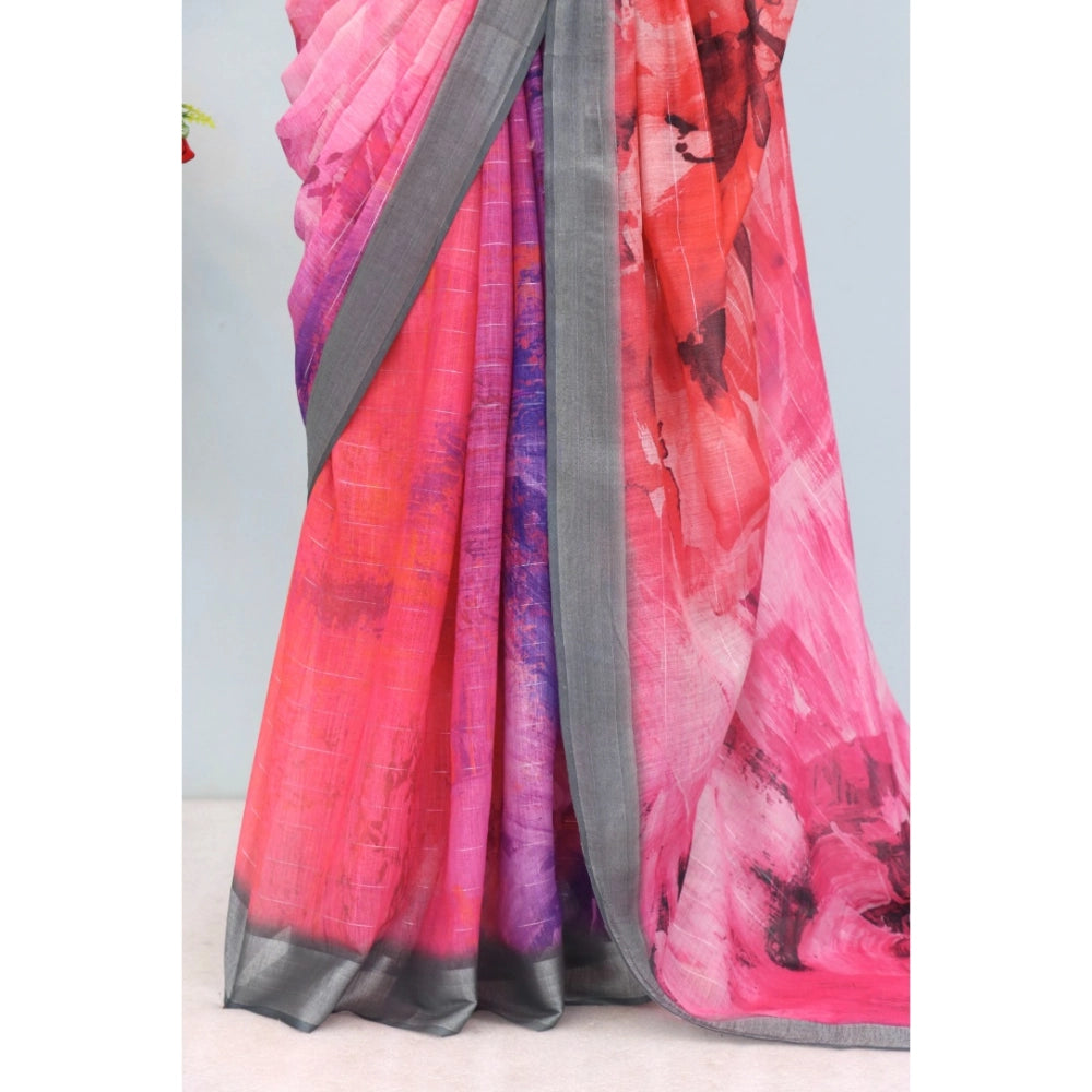Amfyn Women's Linen Digital Print Saree With Unstitched Blouse 5.5Mtr (Pink)