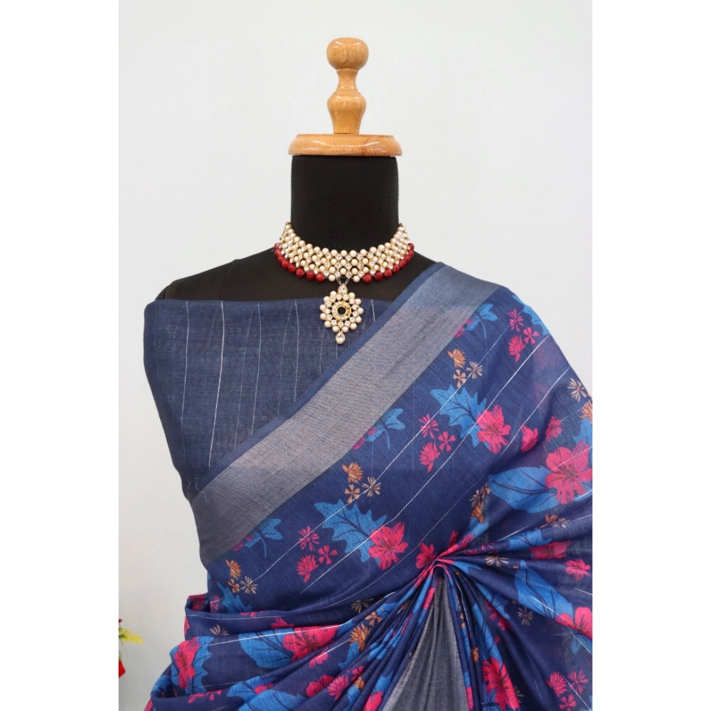 Amfyn Women's Linen Digital Print Saree With Unstitched Blouse 5.5Mtr (Blue)