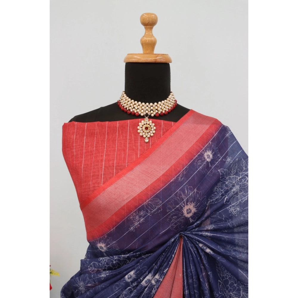 Amfyn Women's Linen Digital Print Saree With Unstitched Blouse 5.5Mtr (Blue)