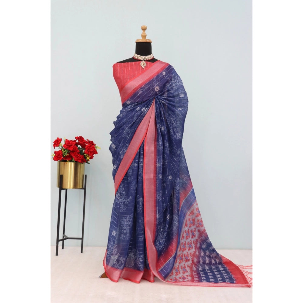 Amfyn Women's Linen Digital Print Saree With Unstitched Blouse 5.5Mtr (Blue)