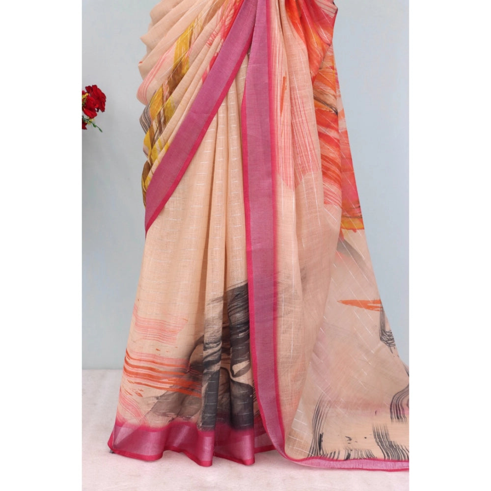 Amfyn Women's Linen Digital Print Saree With Unstitched Blouse 5.5Mtr (Multicolor)