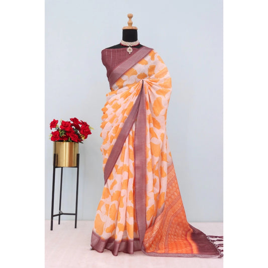 Amfyn Women's Linen Digital Print Saree With Unstitched Blouse 5.5Mtr (Orange)