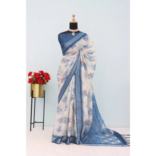 Amfyn Women's Linen Digital Print Saree With Unstitched Blouse 5.5Mtr (Blue)