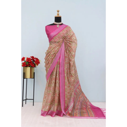 Amfyn Women's Linen Digital Print Saree With Unstitched Blouse 5.5Mtr (Pink)