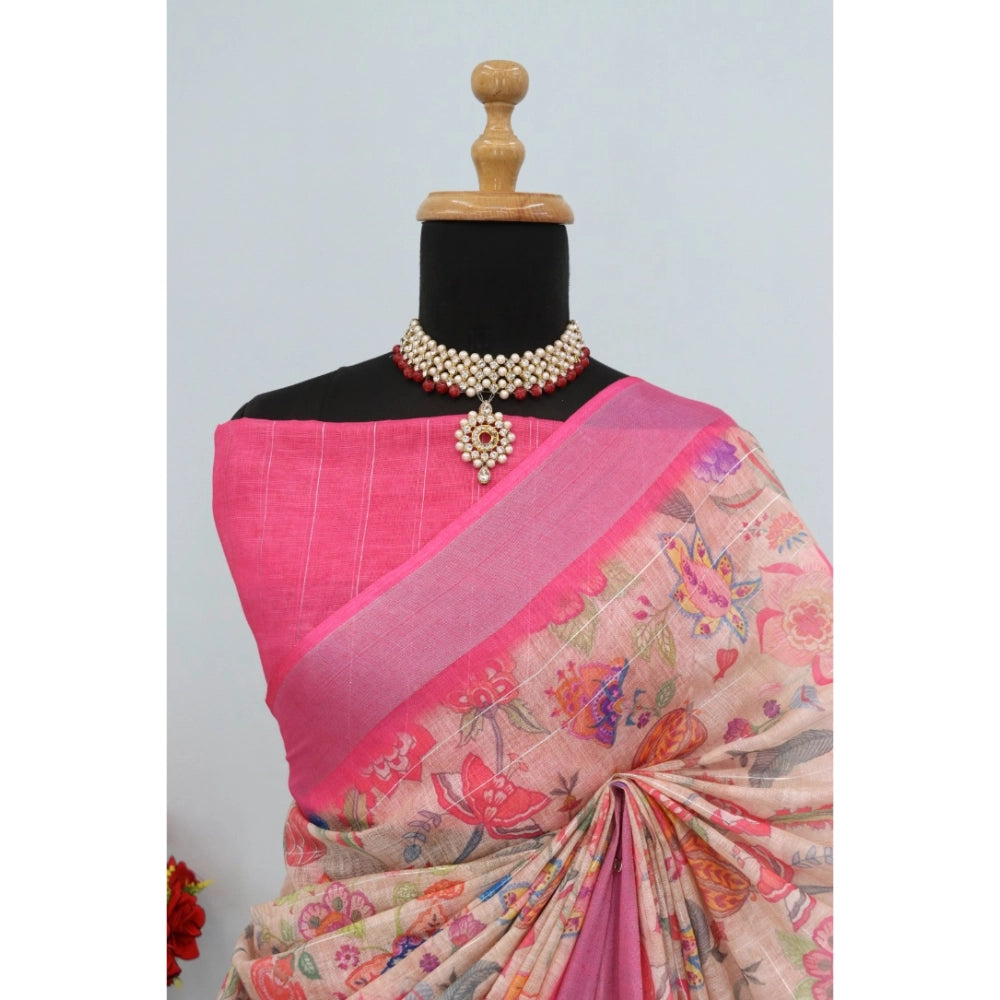 Amfyn Women's Linen Digital Print Saree With Unstitched Blouse 5.5Mtr (Pink)