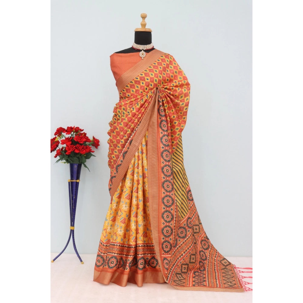 Amfyn Women's Mysore Silk  Digital Print Saree With Unstitched Blouse 5.5Mtr (Orange)