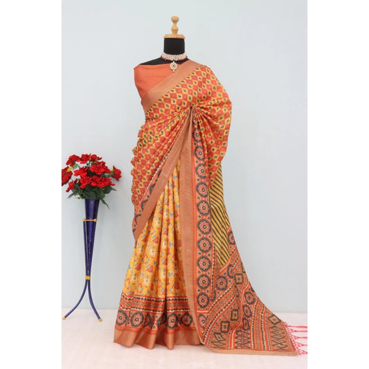 Amfyn Women's Mysore Silk  Digital Print Saree With Unstitched Blouse 5.5Mtr (Orange)