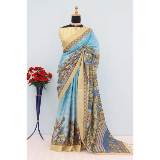 Amfyn Women's Mysore Silk  Digital Print Saree With Unstitched Blouse 5.5Mtr (Sky Blue)