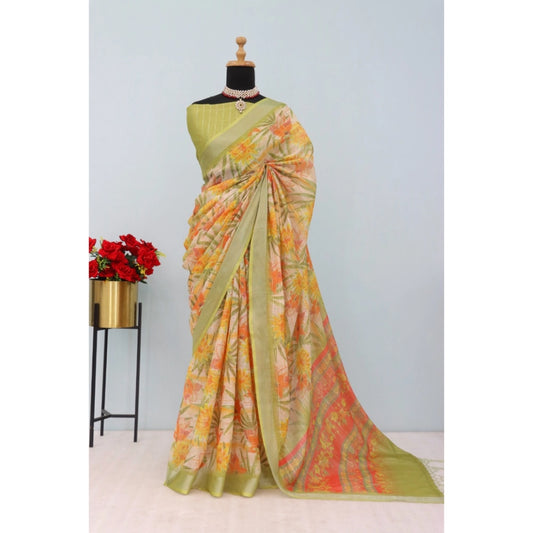 Amfyn Women's Linen Digital Print Saree With Unstitched Blouse 5.5Mtr (Multicolor)