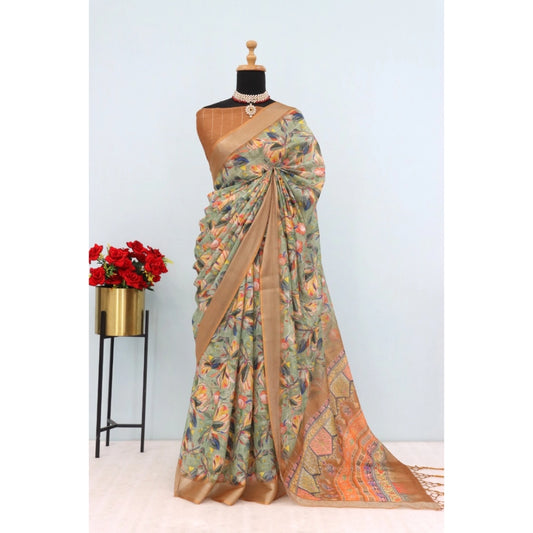 Amfyn Women's Linen Digital Print Saree With Unstitched Blouse 5.5Mtr (Beige)