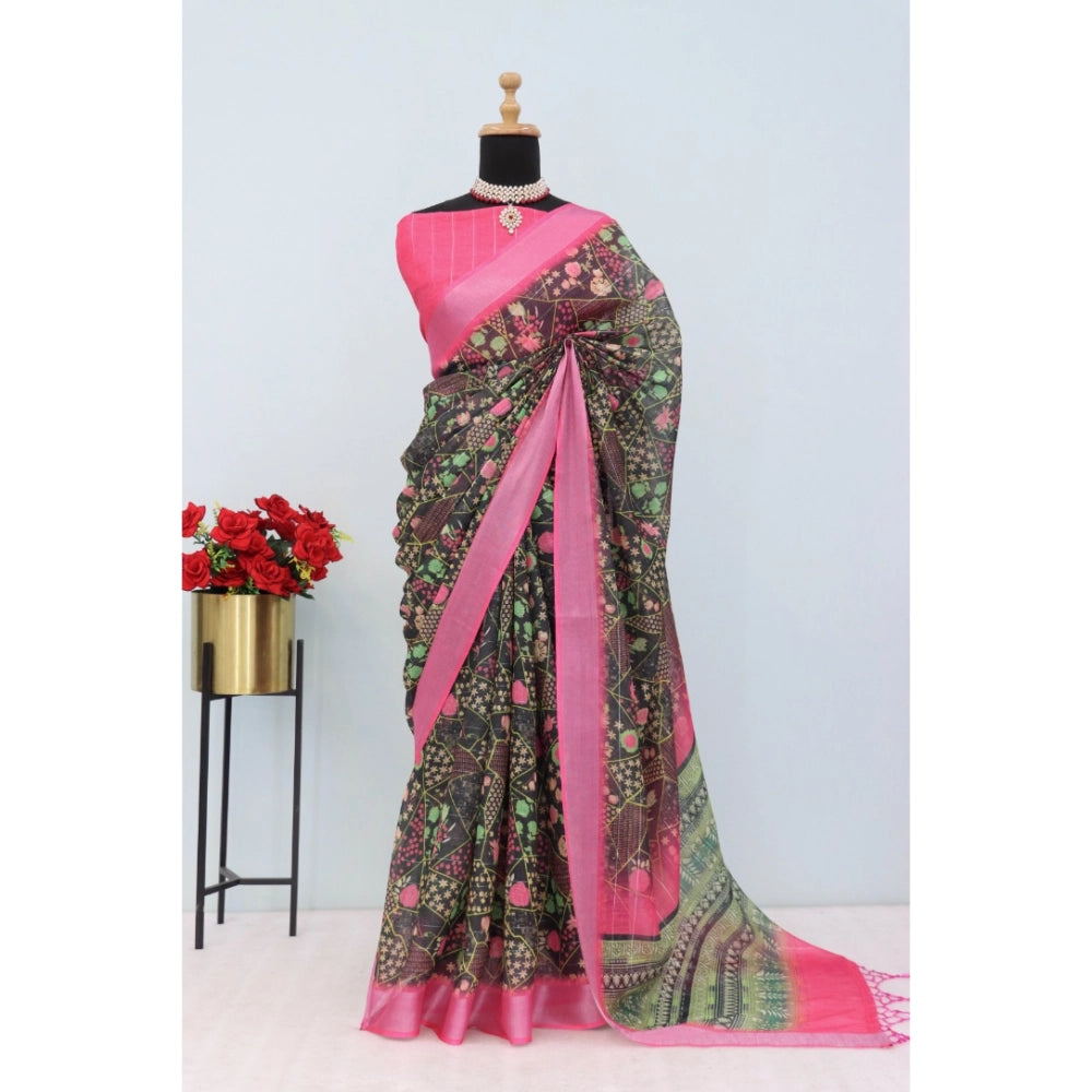 Amfyn Women's Linen Digital Print Saree With Unstitched Blouse 5.5Mtr (Multicolor)