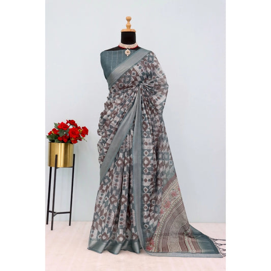 Amfyn Women's Linen Digital Print Saree With Unstitched Blouse 5.5Mtr (Grey)