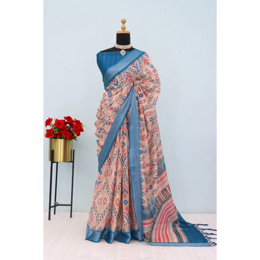Amfyn Women's Linen Digital Print Saree With Unstitched Blouse 5.5Mtr (Multicolor)